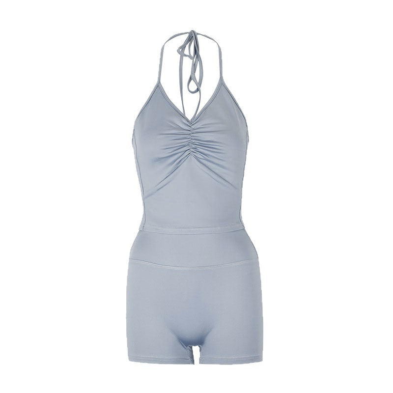 Solid Ruched Halter Top and High-Waist Shorts Set