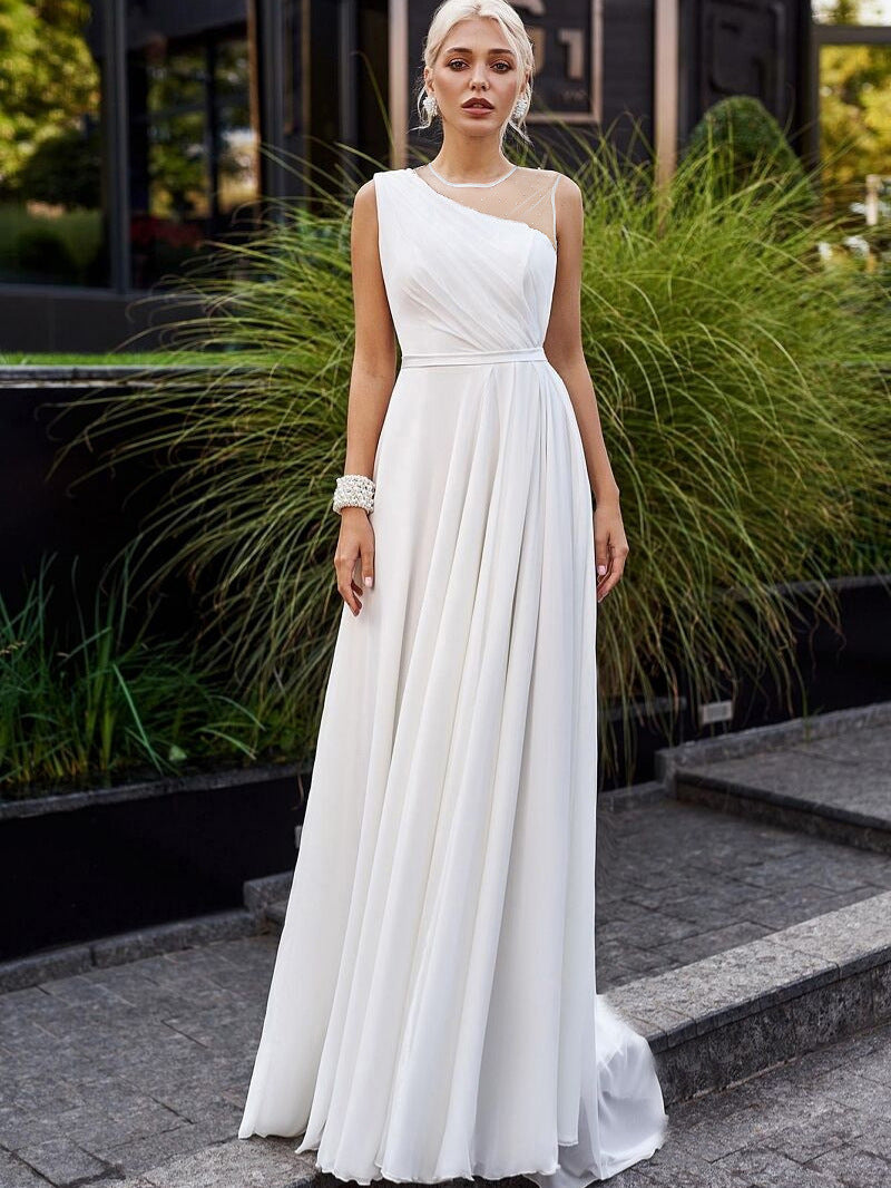 A-Line Chiffon Wedding Gown with Mesh Illusion Neckline