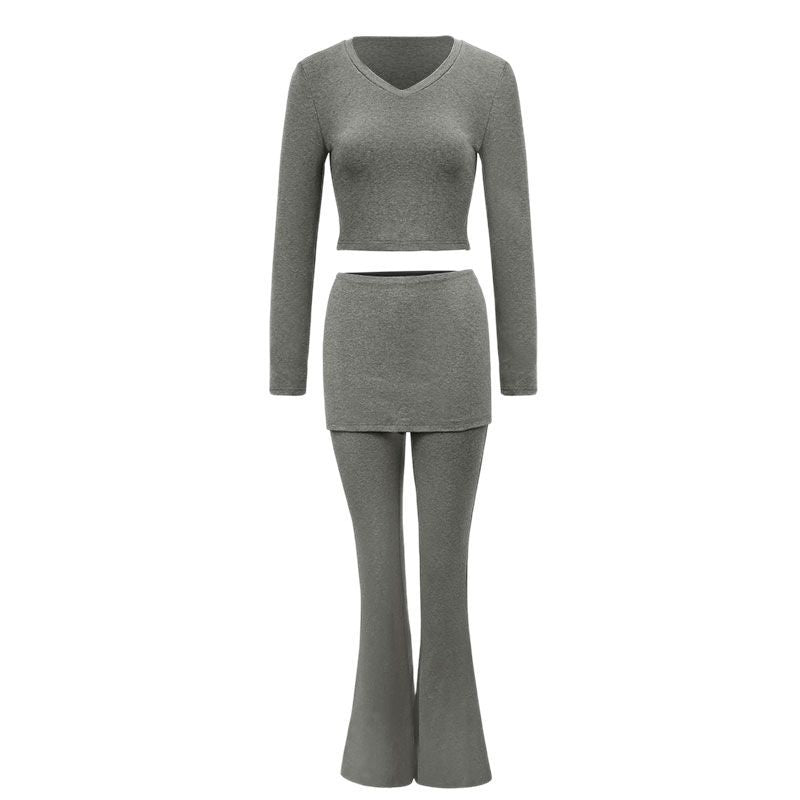 Solid Bodycon Two-Piece Set with Skirt Overlay and Flared Pants