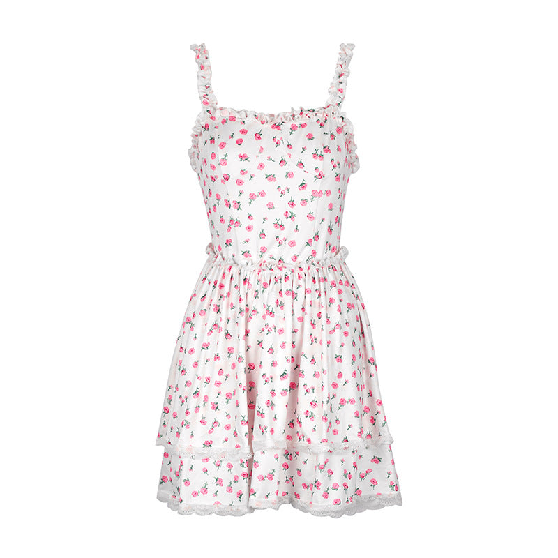 Floral A-Line Mini Dress with Tiered Skirt and Lace Trim