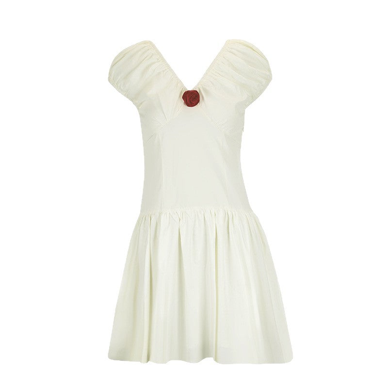 V-Neck Puff Sleeve Mini Dress with Rose Applique