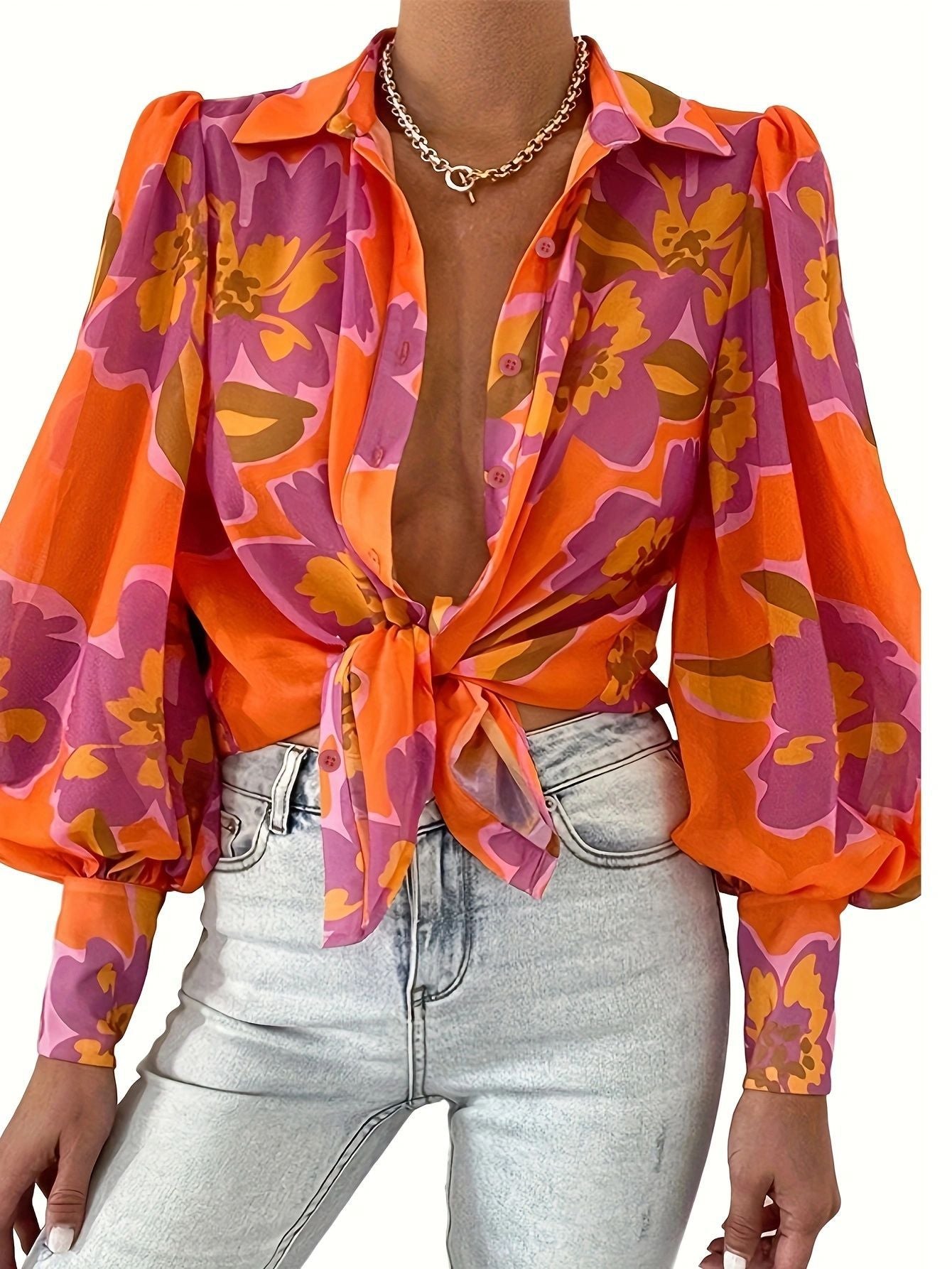 Floral Print Button-Down Shirt with Long Puff Sleeves