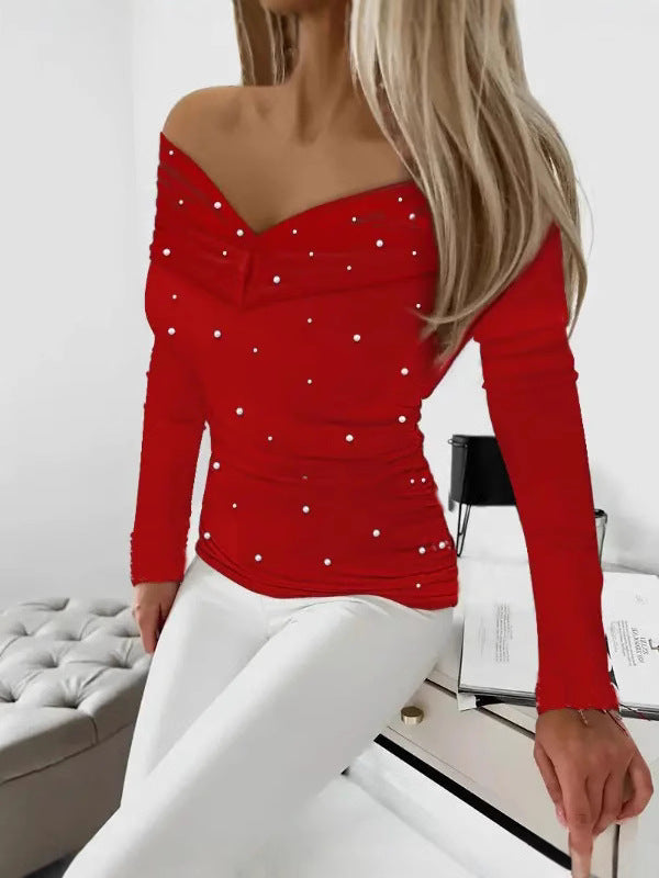Slim Fit Off-Shoulder Top with Pearl Beading and Long Sleeves