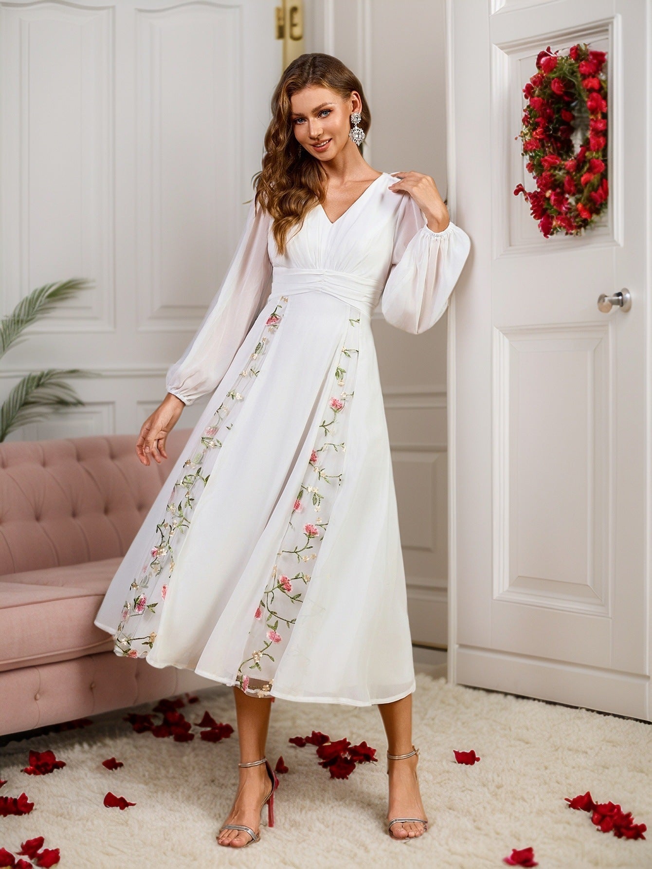 A-Line Midi Dress with Lantern Sleeves and Floral Embroidery