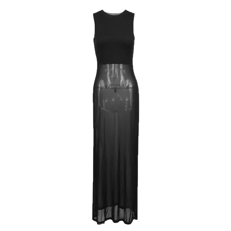 Sleeveless Bodycon Maxi Dress with Sheer Mesh Paneling
