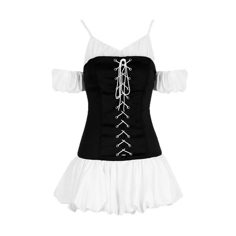 Color-Block Mini Dress with Lace-Up Corset and Puff Sleeves