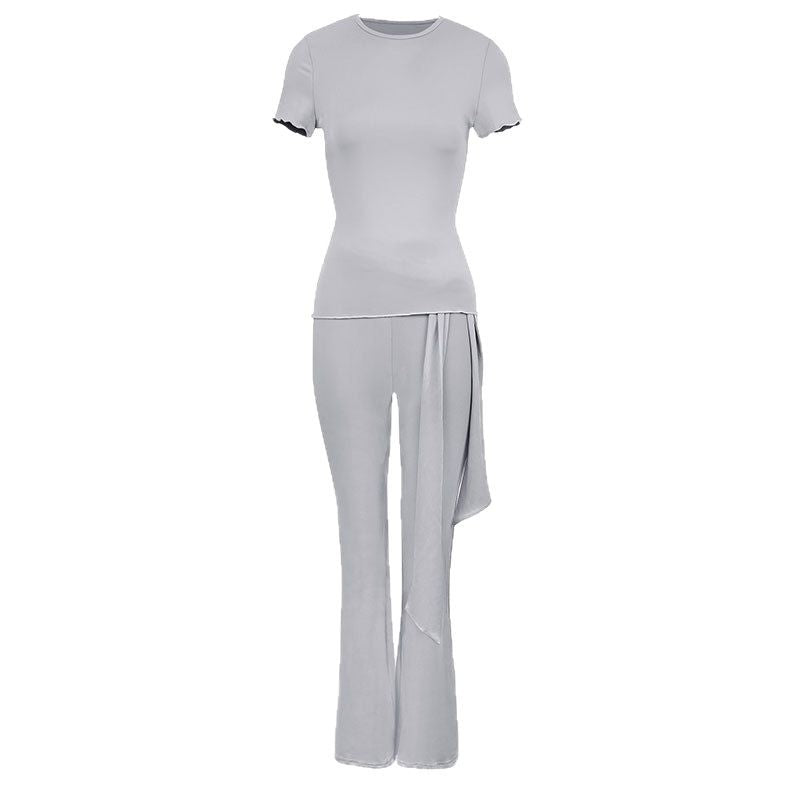 Short Sleeve Two-Piece Pants Set with Lettuce Trim and Flared Leg