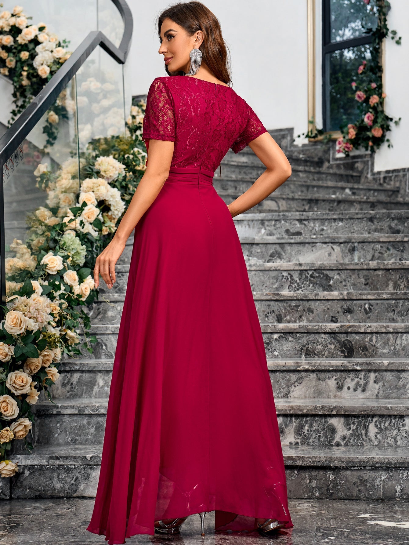 High-Low Chiffon Evening Dress with Lace Short Sleeves