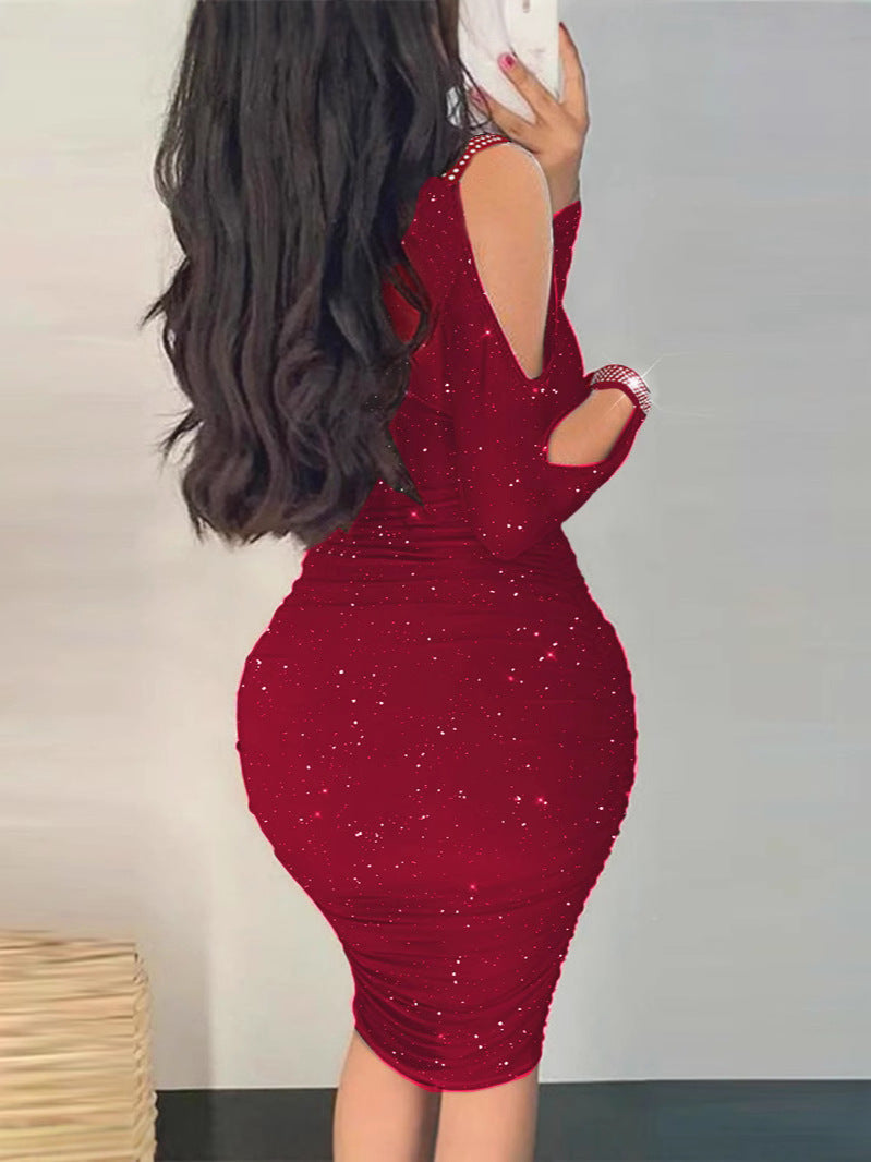 Ruched Pencil Midi Dress with Cold-Shoulder and Rhinestone Trim