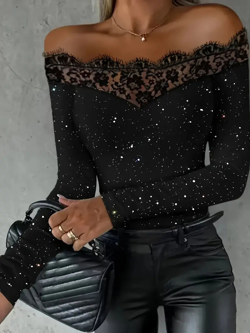 Slim Fit Off-Shoulder Top with Lace Trim and Glitter Detail
