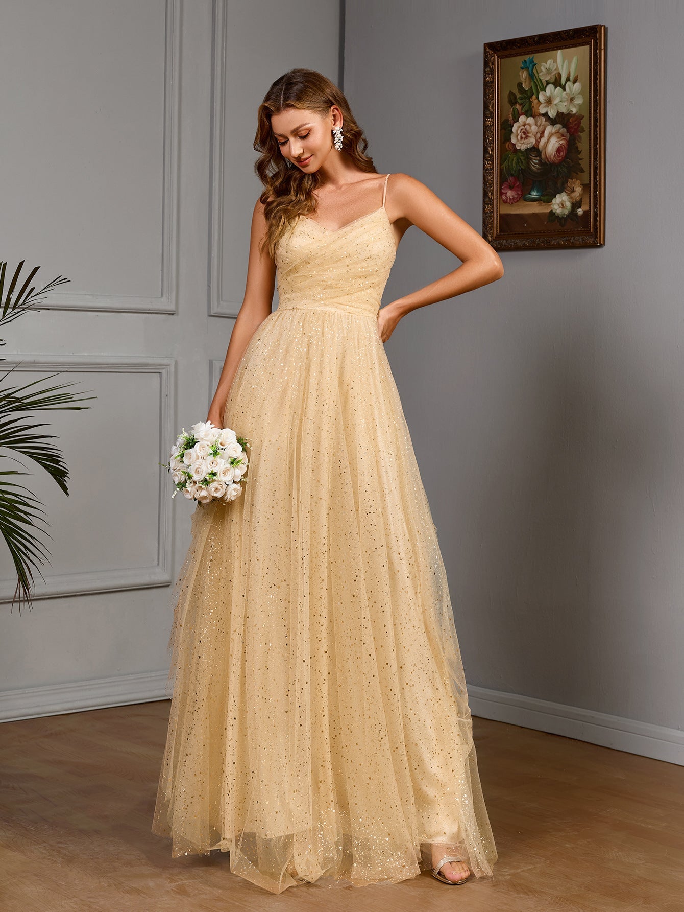 A-Line Maxi Dress with Sequined Mesh and V-Neck