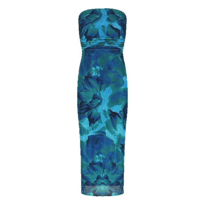 Floral Print Strapless Bodycon Maxi Dress with Side Slit