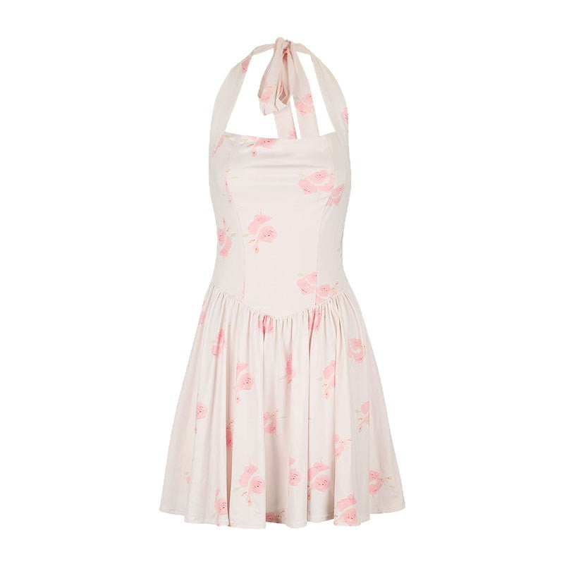 Floral Print Halter Dress with Basque Waist and Pleated Skirt