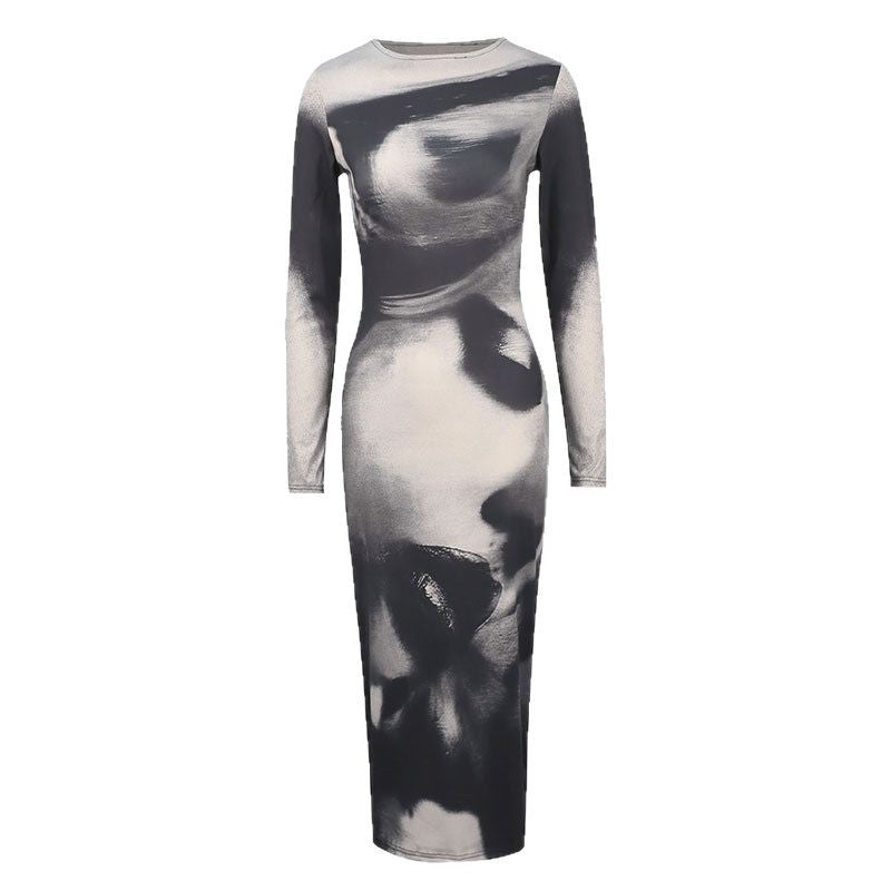 Bodycon Maxi Dress with Abstract Ink Print and Long Sleeves