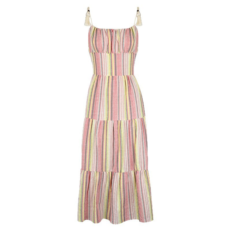 Striped Tiered Maxi Dress with Smocked Waist and Tassel Ties