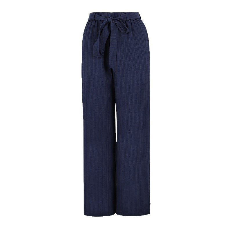 Wide-Leg Textured Trousers with High Waist and Tie Belt