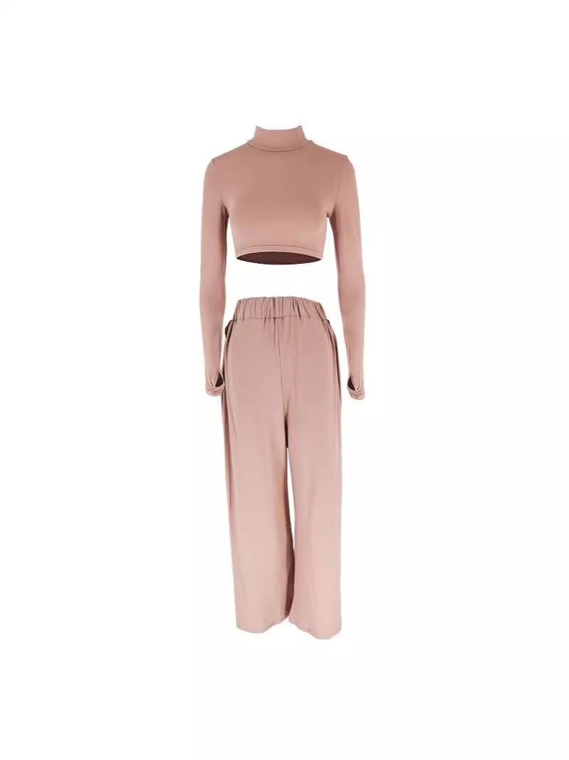 Mock Neck Long Sleeve Crop Top and High Slit Midi Skirt Set