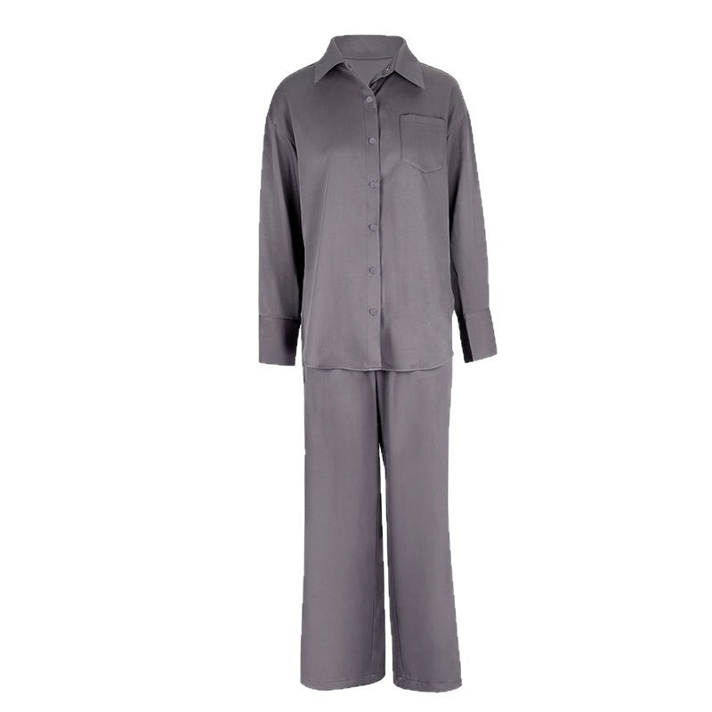 Solid Two-Piece Set with Button-Down Shirt and Wide-Leg Trousers