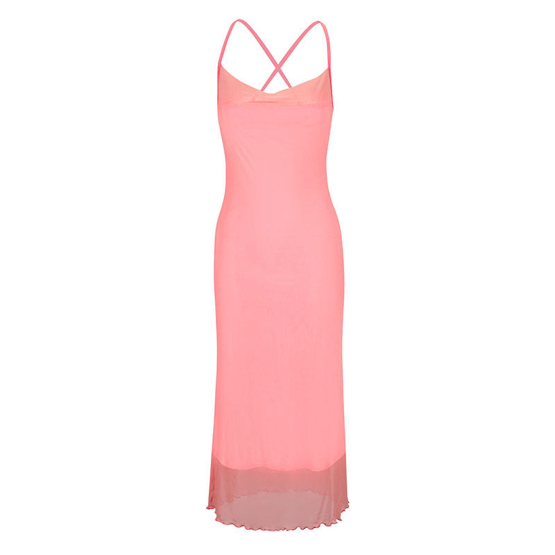 Bodycon Midi Dress with Cowl Neck and Mesh Hem