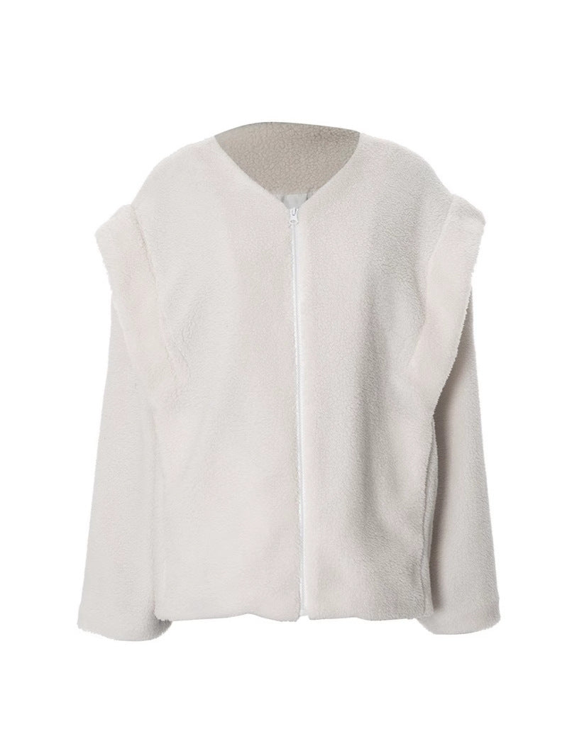Oversized Sherpa Zip-Up Cardigan with Round Neck