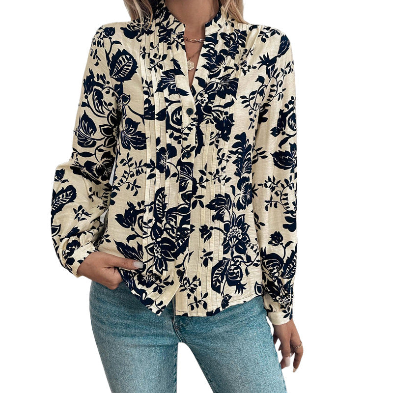 Floral Print Blouse with Mandarin Collar and Pleated Front