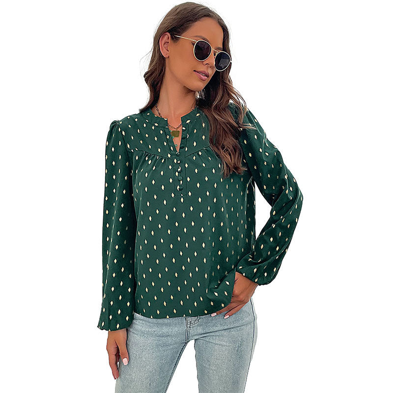 Diamond Pattern Long Sleeve Blouse with Buttoned V-Neck