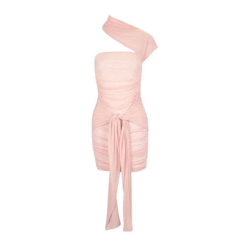 Ruched Bodycon Mini Dress with Asymmetric Cutout and Draped Detail