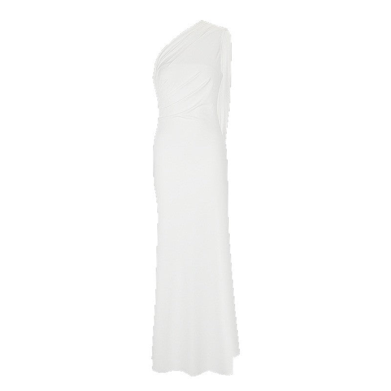 One-Shoulder Bodycon Maxi Dress with Draped Ribbon Detail