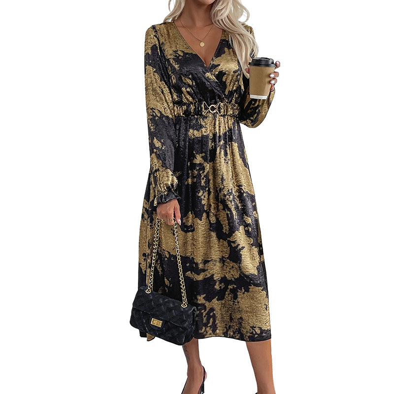 A-Line Midi Dress with Metallic Hot Stamping and V-Neck