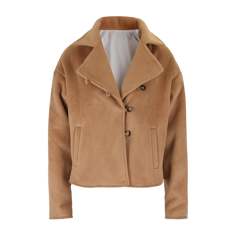 Loose Fit Wool-Look Jacket with Lapel Collar and Wide Sleeves
