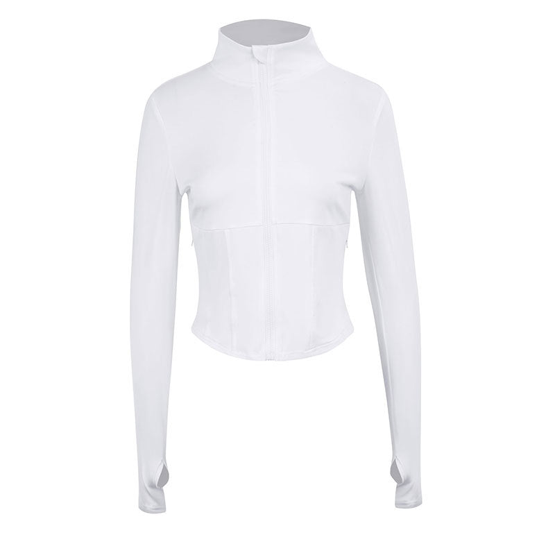 Slim Fit Stand Collar Jacket with Corset Seams and Thumbholes