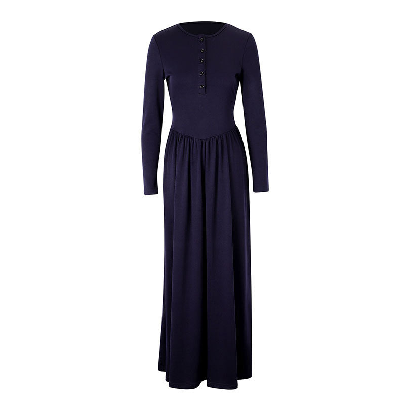 A-Line Maxi Dress with Henley Button Front and Long Sleeves
