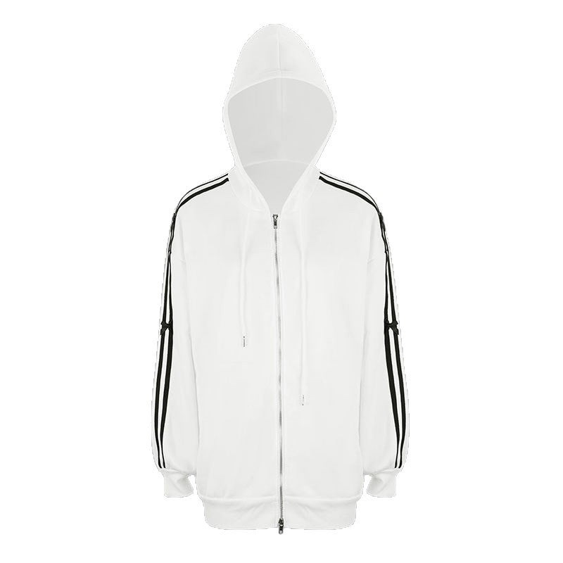 Loose Striped Zip-Up Hoodie with Bow Details
