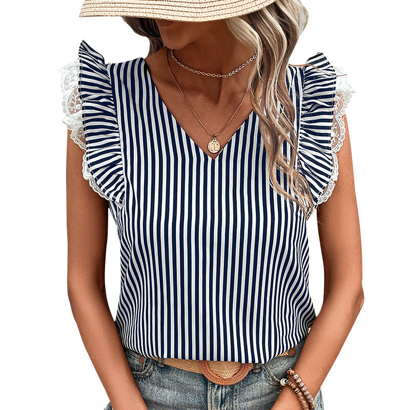 Striped V-Neck Pullover Top with Lace-Trim Ruffle Sleeves