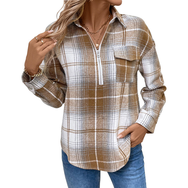 Brushed Plaid Pullover with Lapel Collar and Quarter-Zip