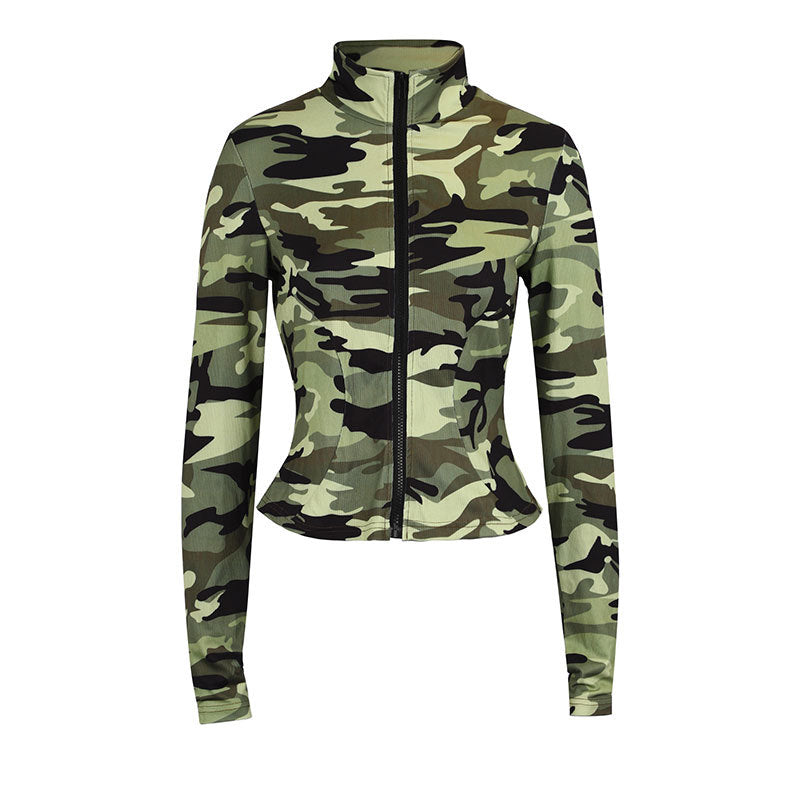 Slim Fit Camouflage Zip-Up Top with Thumbhole Sleeves