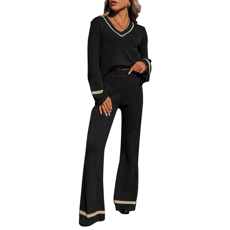 Wide-Leg Knit Two-Piece Set with V-Neck and Contrast Trim