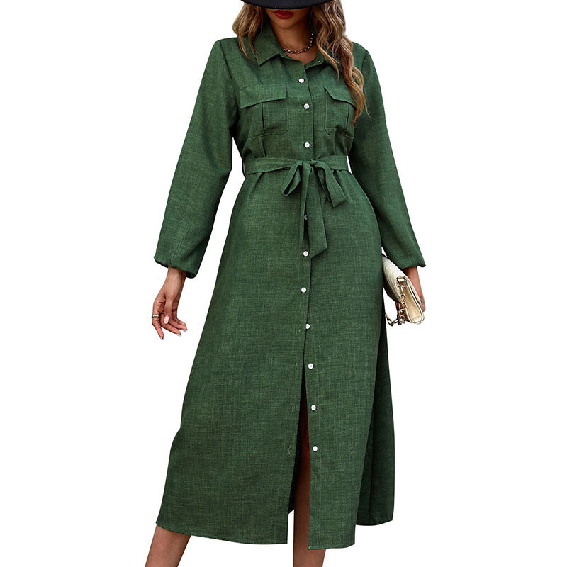 A-Line Midi Shirt Dress with Lapel Collar and Pockets