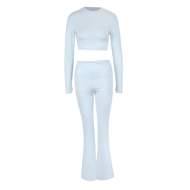 Solid Two-Piece Set with Long Sleeve Crop Top and Flared Pants