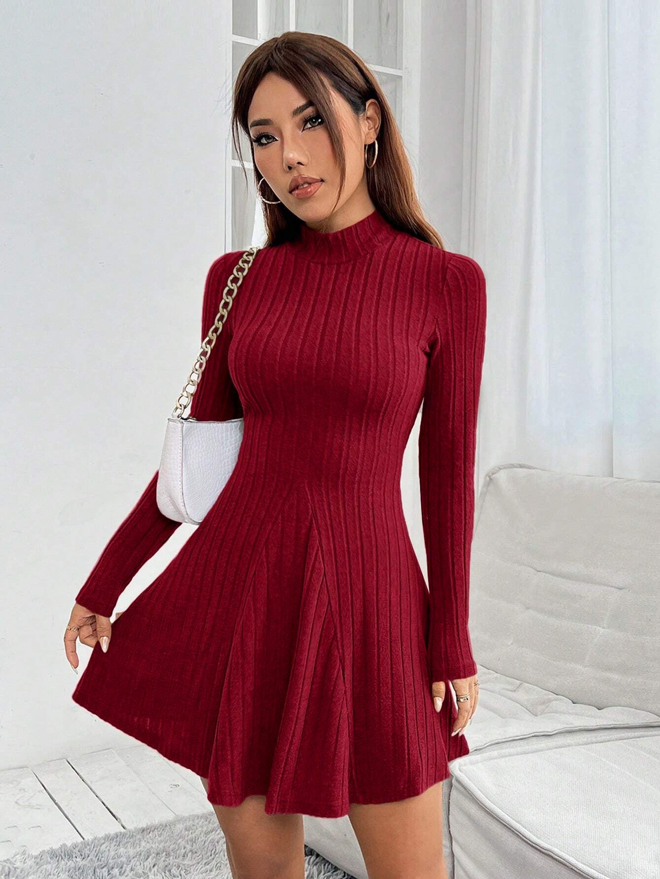 Ribbed A-Line Mini Dress with Mock Neck and Long Sleeves