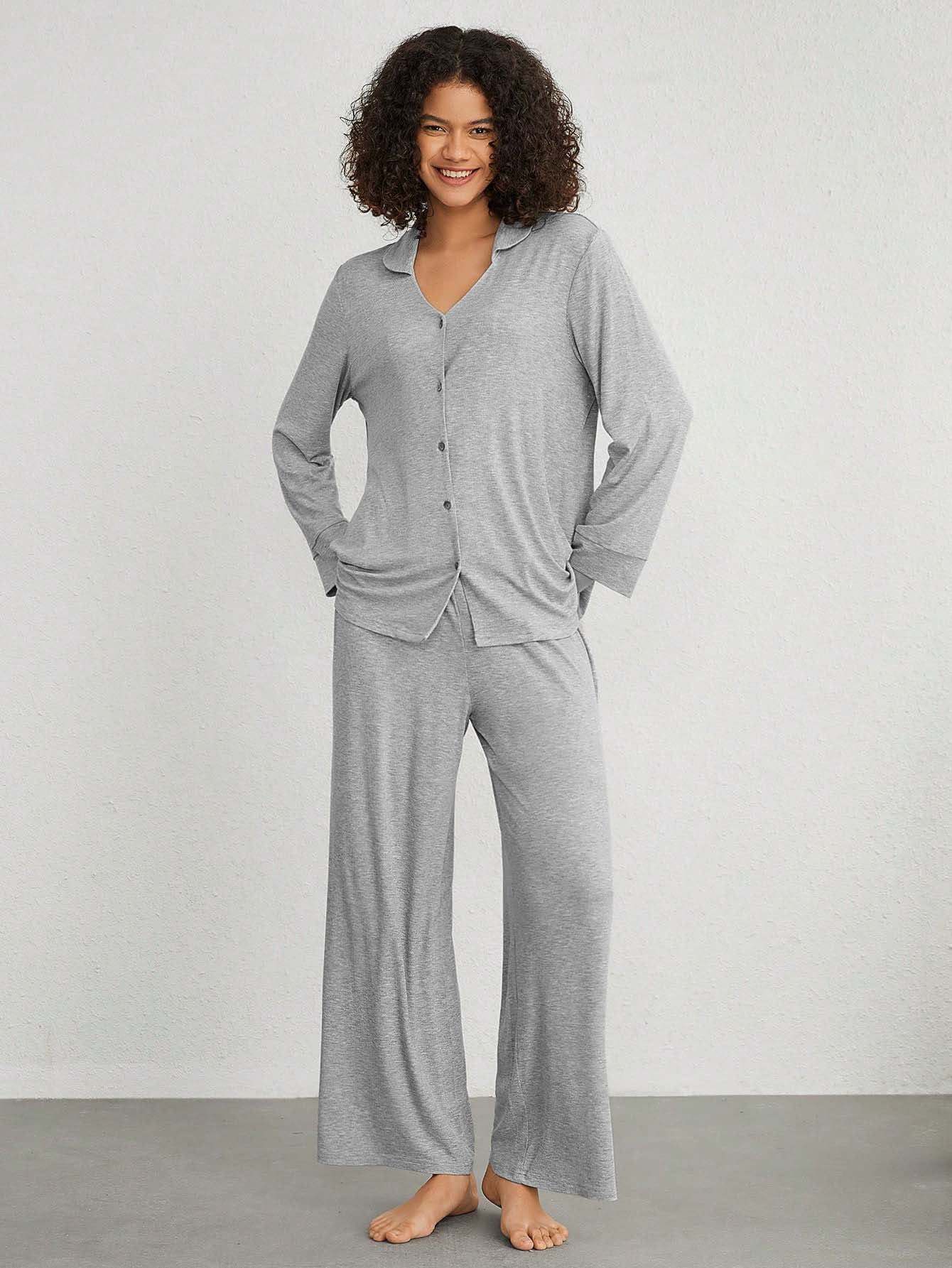 Solid Ribbed Loungewear Set with Button Front and Wide-Leg Pants