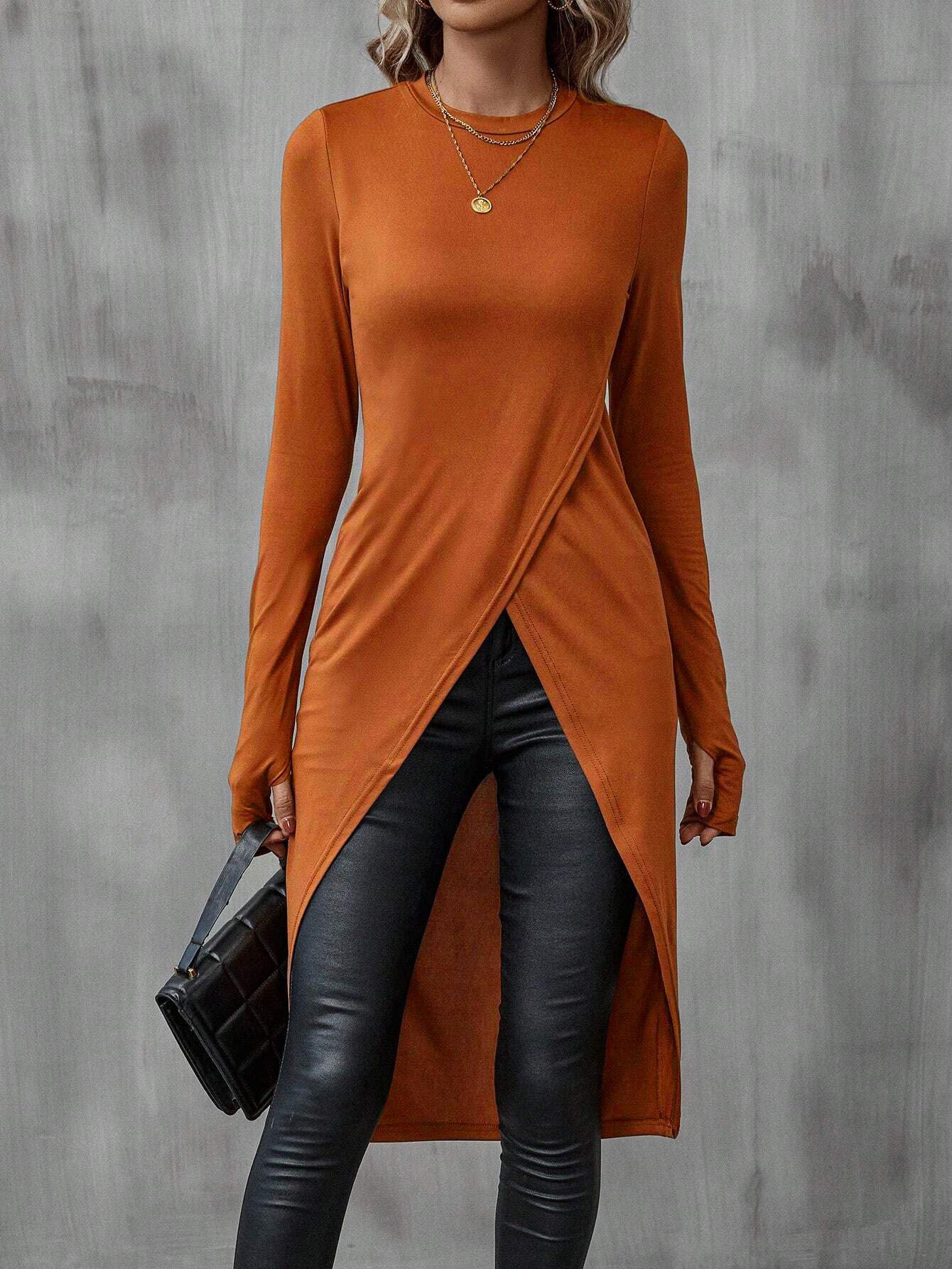 Slim Fit Long Sleeve Top with Crossover Front and Asymmetric Hem