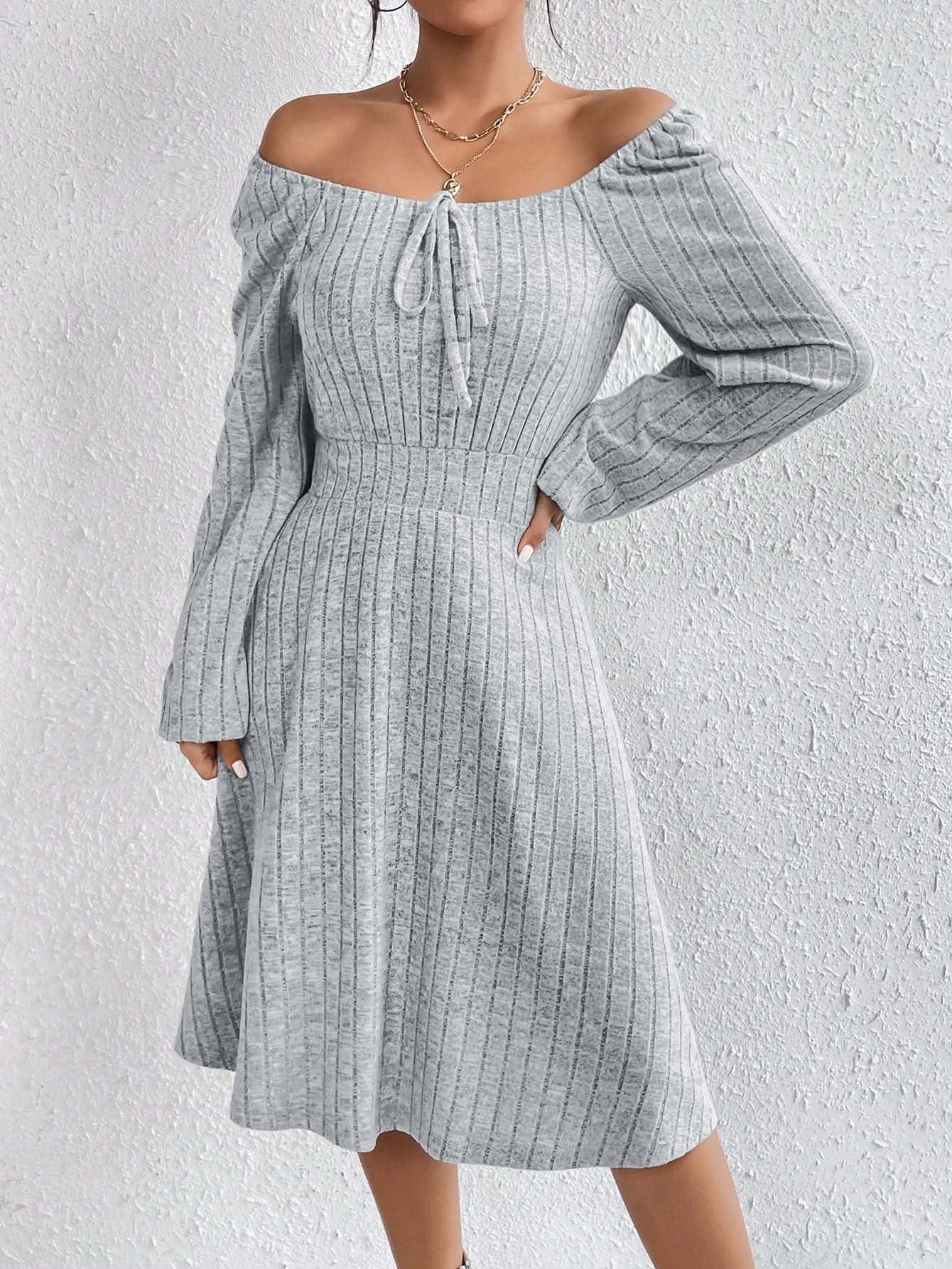 Ribbed Knit A-Line Dress with Tie-Front and Long Sleeves