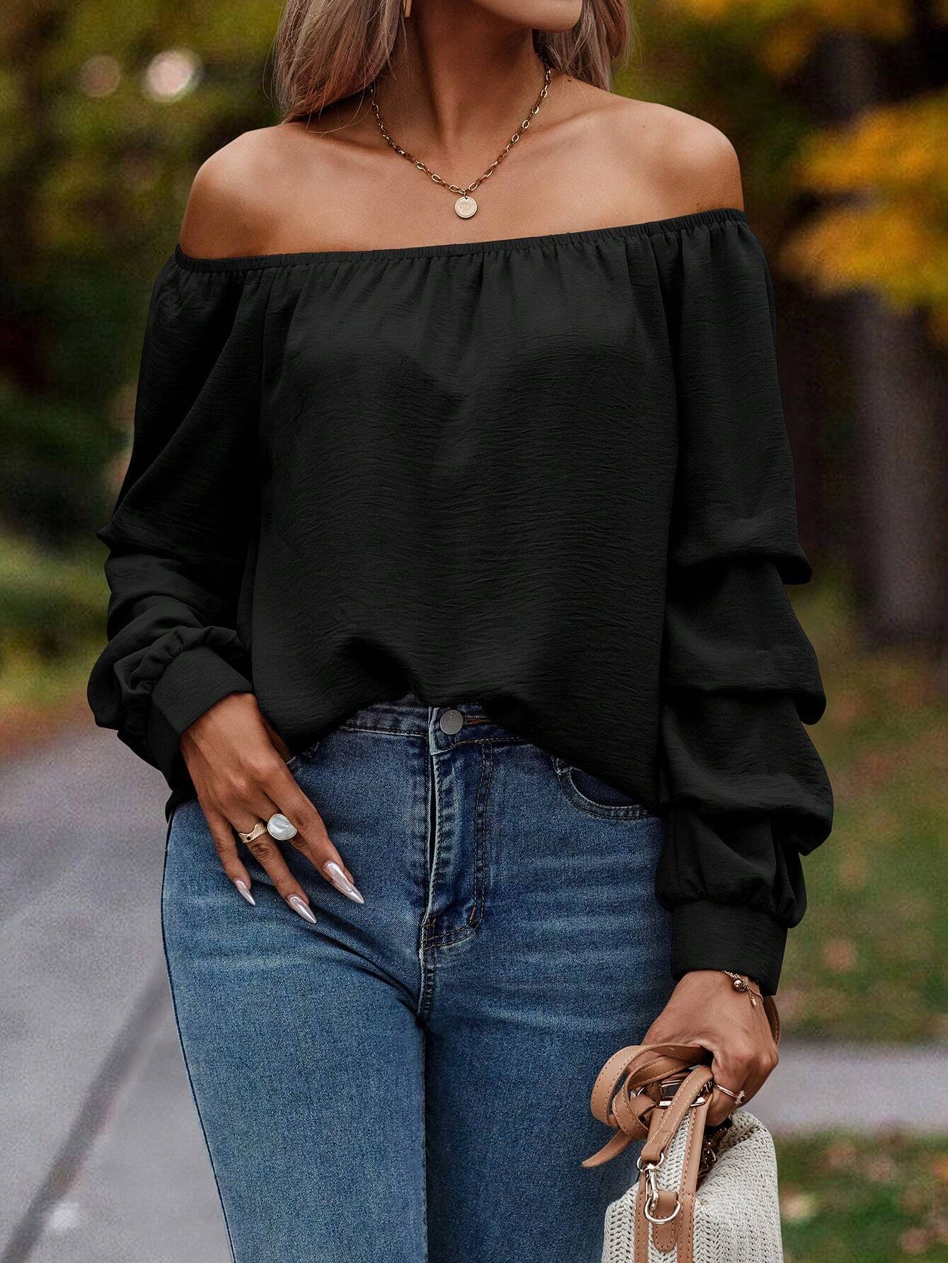 Off-Shoulder Long Sleeve Top with Tiered Ruffle Sleeves