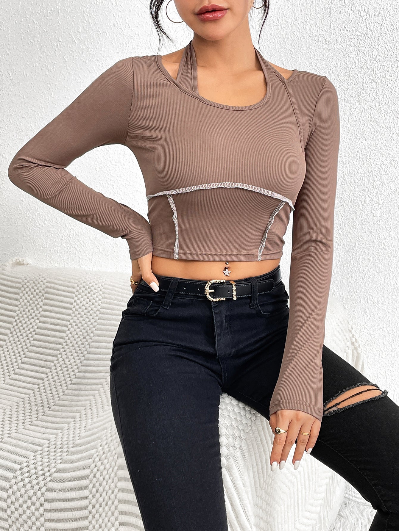 Slim Fit Long Sleeve Top with Halter Neck and Contrast Stitching