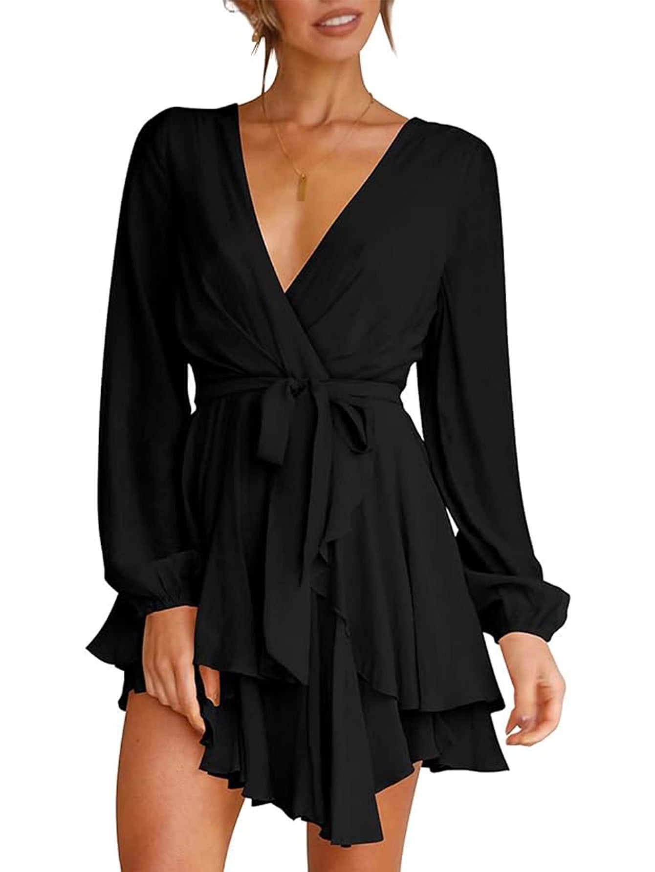 Ruffled V-Neck Mini Dress with Long Sleeves and Tie Waist