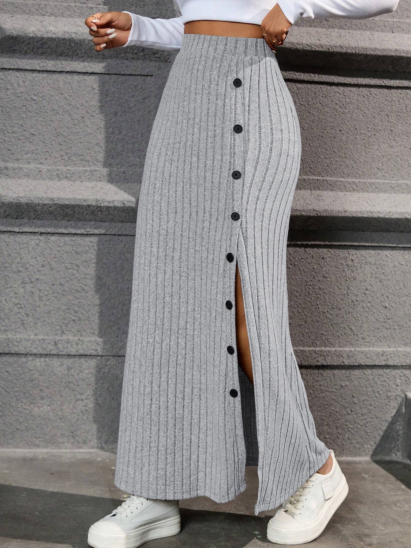 Ribbed Knit Mermaid Midi Skirt with Buttoned Side Slit