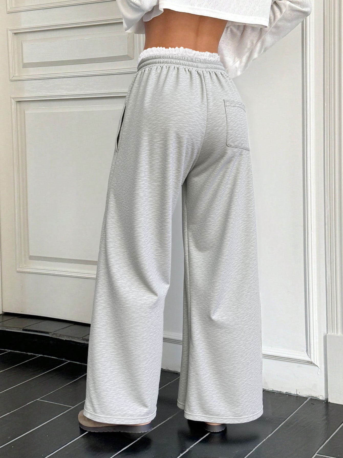 High-Waisted Straight-Leg Pants with Lace Trim Detail