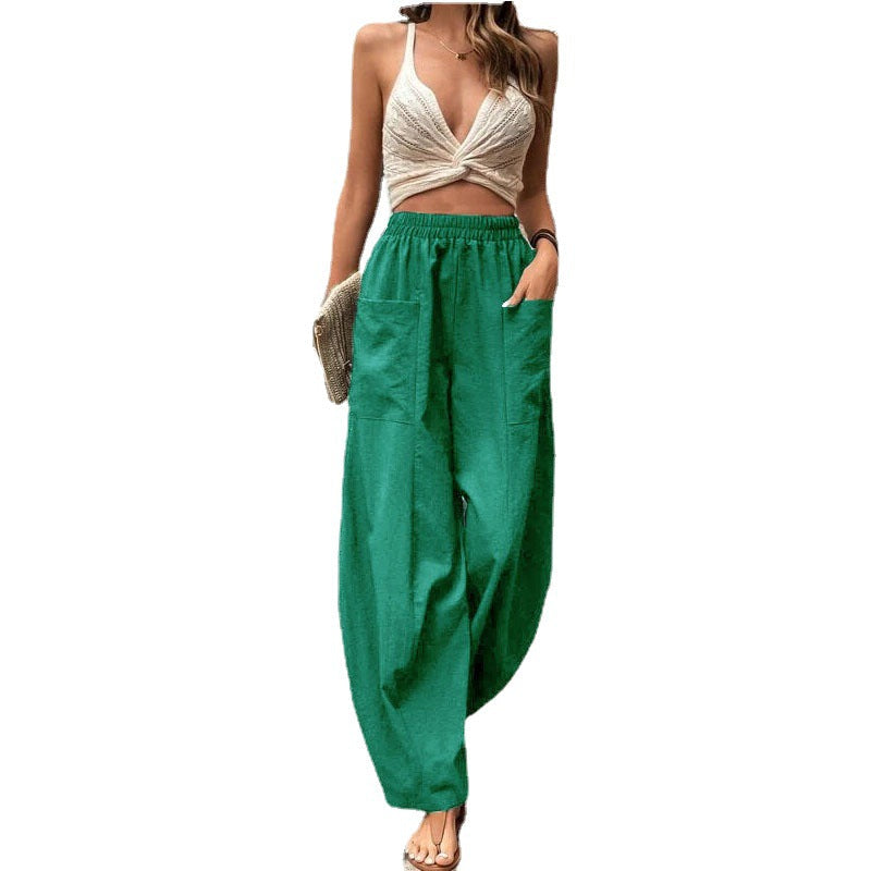 Wide-Leg Lantern Pants with Elastic Waist and Patch Pockets