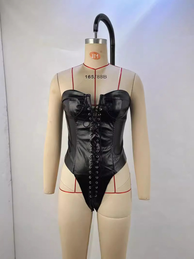 Lace-Up PU Bodysuit with Strapless Neckline and Long Gloves